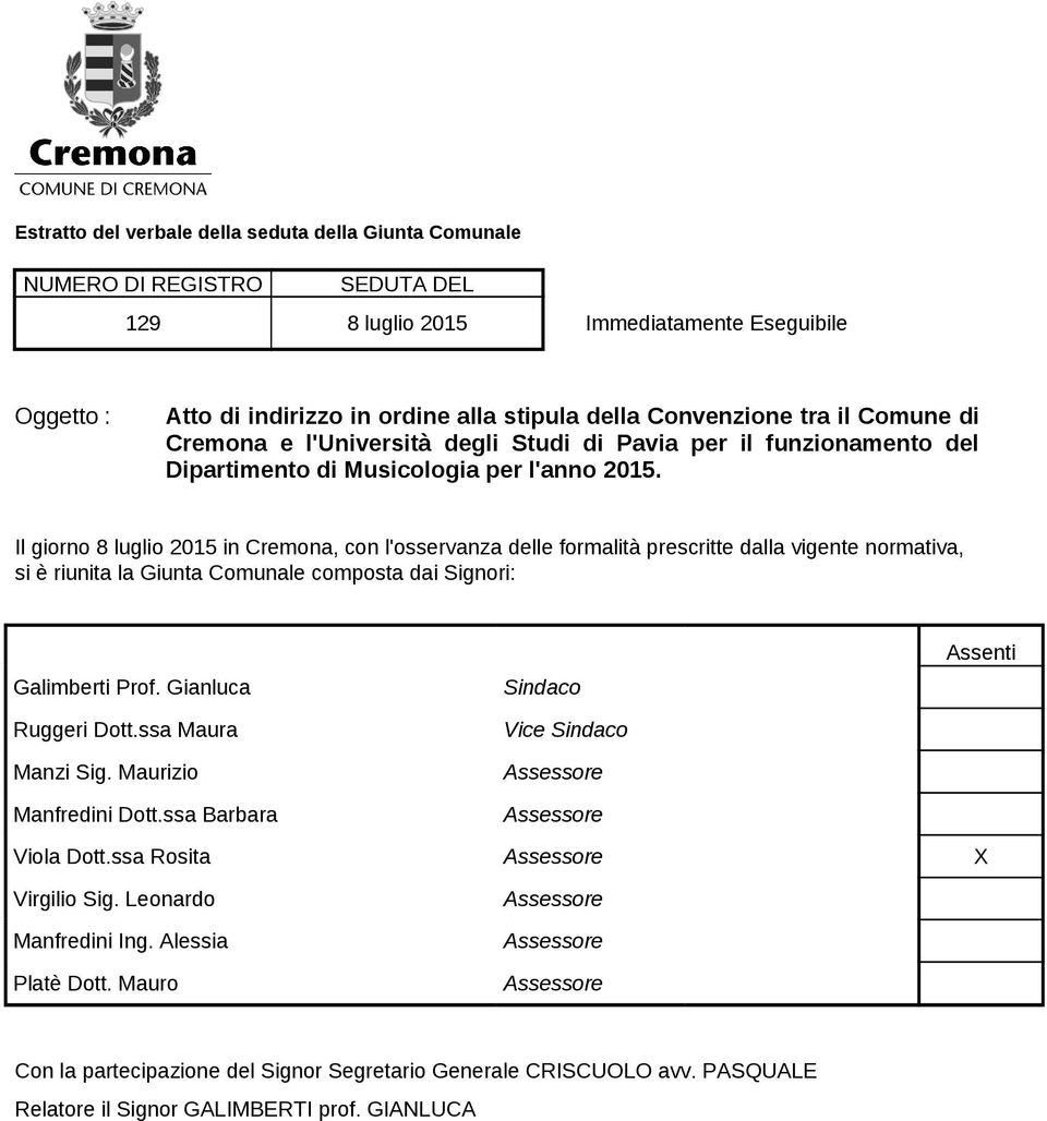 Il giorno 8 luglio 2015 in Cremona, con l'osservanza delle formalità prescritte dalla vigente normativa, si è riunita la Giunta Comunale composta dai Signori: Galimberti Prof. Gianluca Ruggeri Dott.