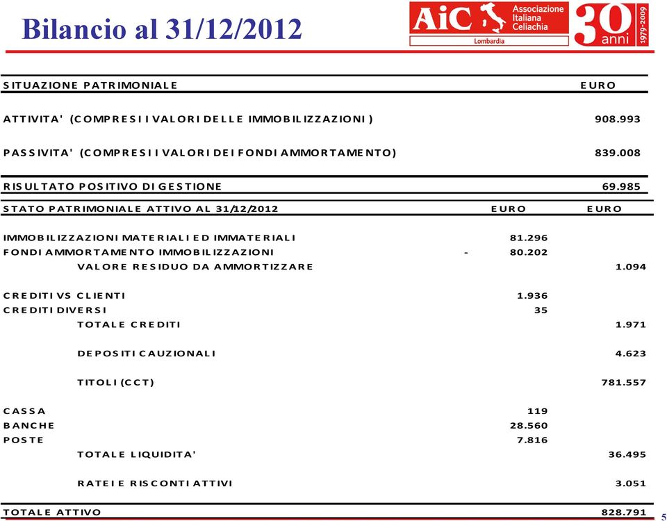 985 STATO PATRIMONIALE ATTIVO AL 31/12/2012 EURO EURO IMMOBILIZZAZIONI MATERIALI ED IMMATERIALI 81.296 FONDI AMMORTAMENTO IMMOBILIZZAZIONI 80.