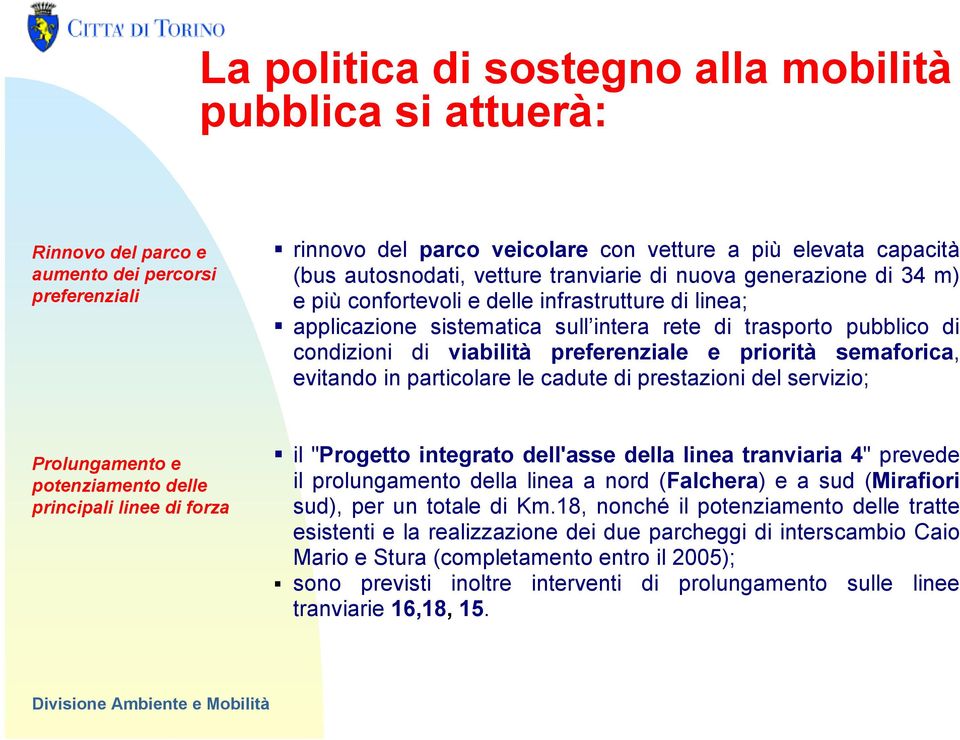 preferenziale e priorità semaforica, evitando in particolare le cadute di prestazioni del servizio; Prolungamento e potenziamento delle principali linee di forza il "Progetto integrato dell'asse