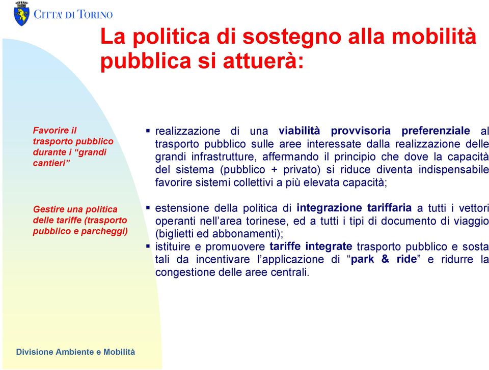 (pubblico + privato) si riduce diventa indispensabile favorire sistemi collettivi a più elevata capacità; estensione della politica di integrazione tariffaria a tutti i vettori operanti nell area