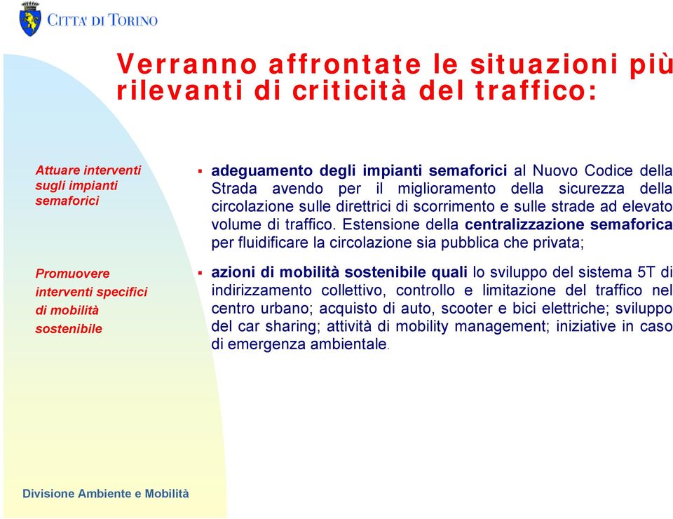 Estensione della centralizzazione semaforica per fluidificare la circolazione sia pubblica che privata; azioni di mobilità sostenibile quali lo sviluppo del sistema 5T di indirizzamento