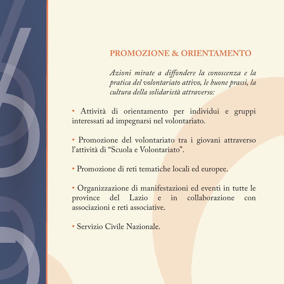 Promozione del volontariato tra i giovani attraverso l attività di Scuola e Volontariato. Promozione di reti tematiche locali ed europee.