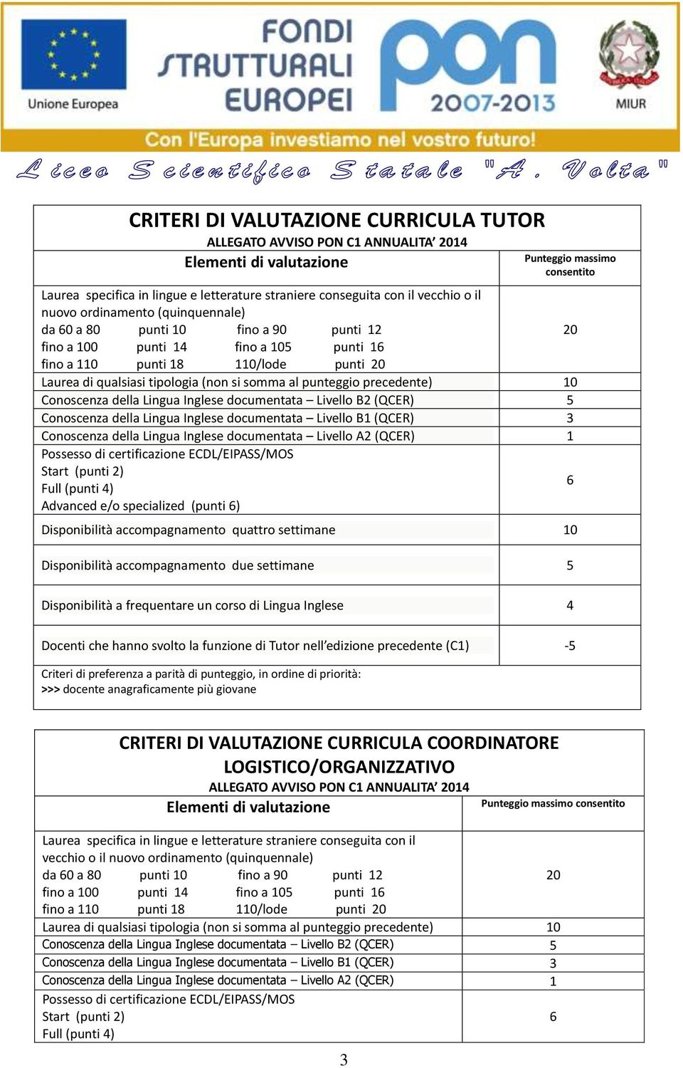 (non si somma al punteggio precedente) 10 Conoscenza della Lingua Inglese documentata Livello B2 (QCER) 5 Conoscenza della Lingua Inglese documentata Livello B1 (QCER) 3 Conoscenza della Lingua