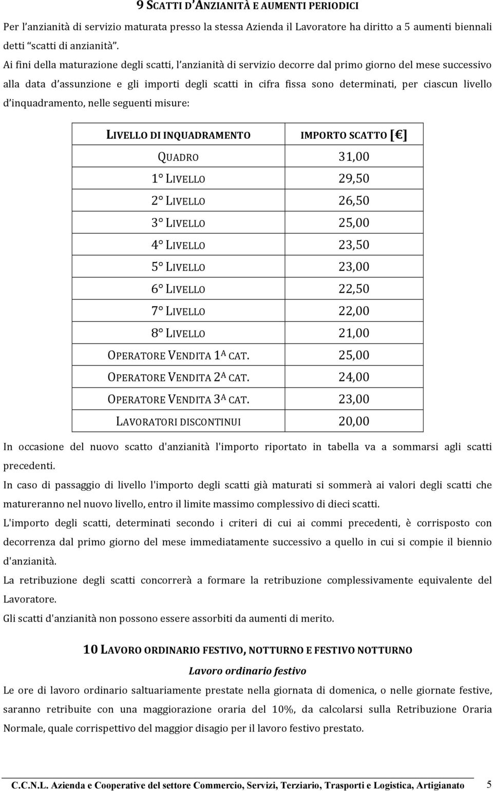 ciascun livello d inquadramento, nelle seguenti misure: LIVELLO DI INQUADRAMENTO QUADRO IMPORTO SCATTO [ ] 31,00 1 LIVELLO 29,50 2 LIVELLO 26,50 3 LIVELLO 25,00 4 LIVELLO 23,50 5 LIVELLO 23,00 6