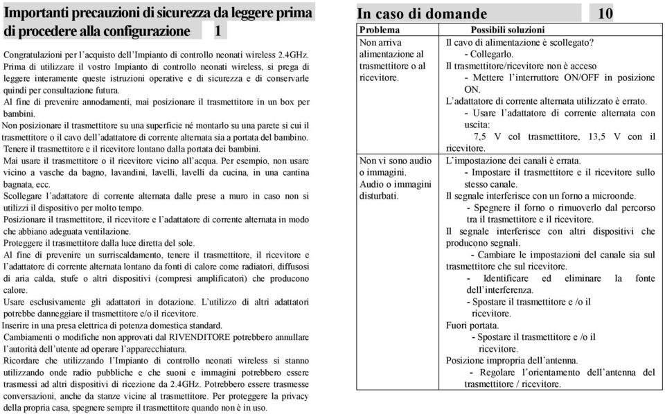 Al fine di prevenire annodamenti, mai posizionare il trasmettitore in un box per bambini.