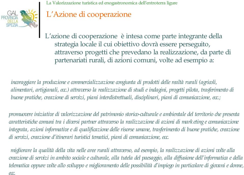 ecc.) attraverso la realizzazione di studi e indagini, progetti pilota, trasferimento di buone pratiche, creazione di servizi, piani interdistrettuali, disciplinari, piani di comunicazione, ecc.