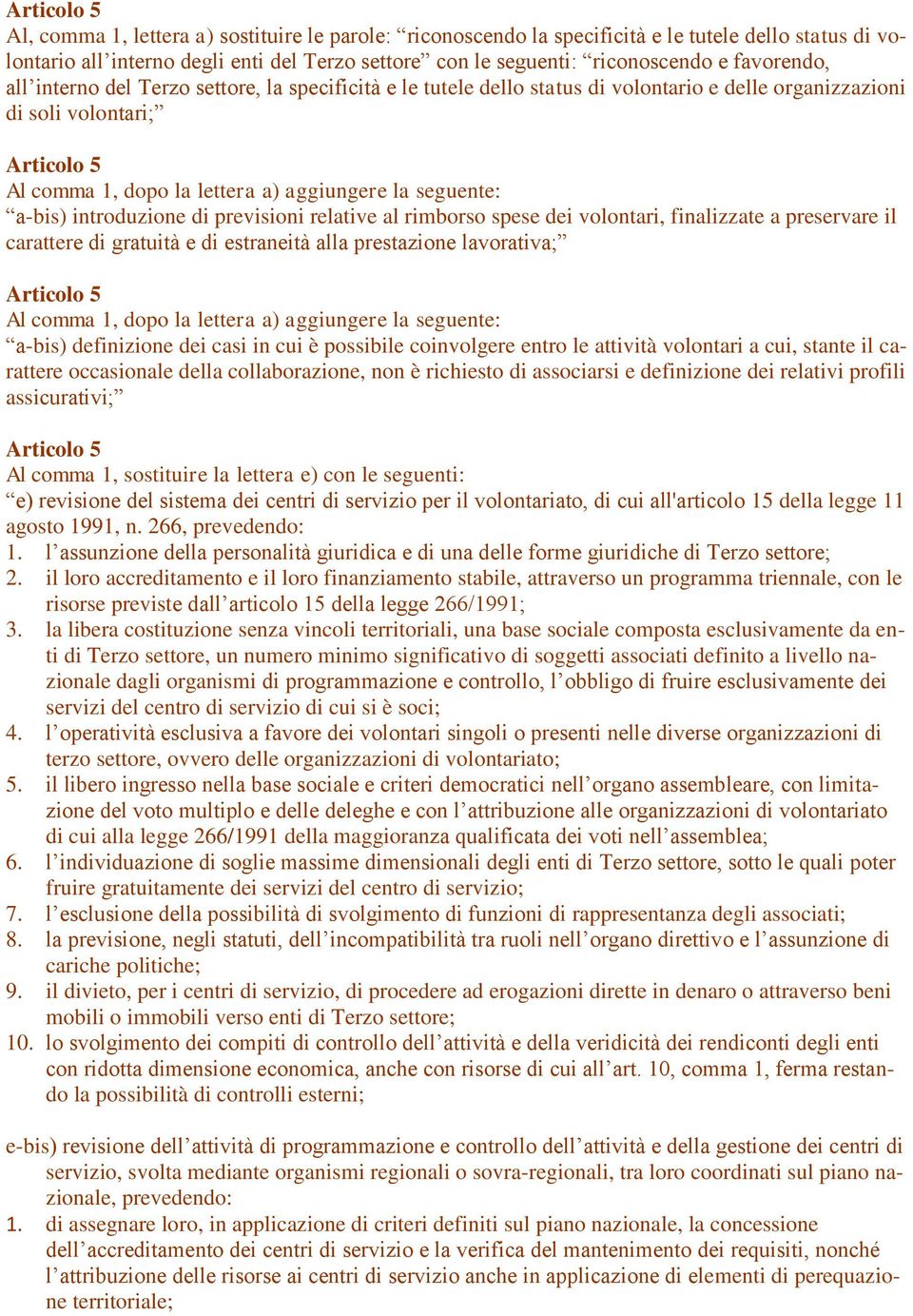 rimborso spese dei volontari, finalizzate a preservare il carattere di gratuità e di estraneità alla prestazione lavorativa; Articolo 5 a-bis) definizione dei casi in cui è possibile coinvolgere