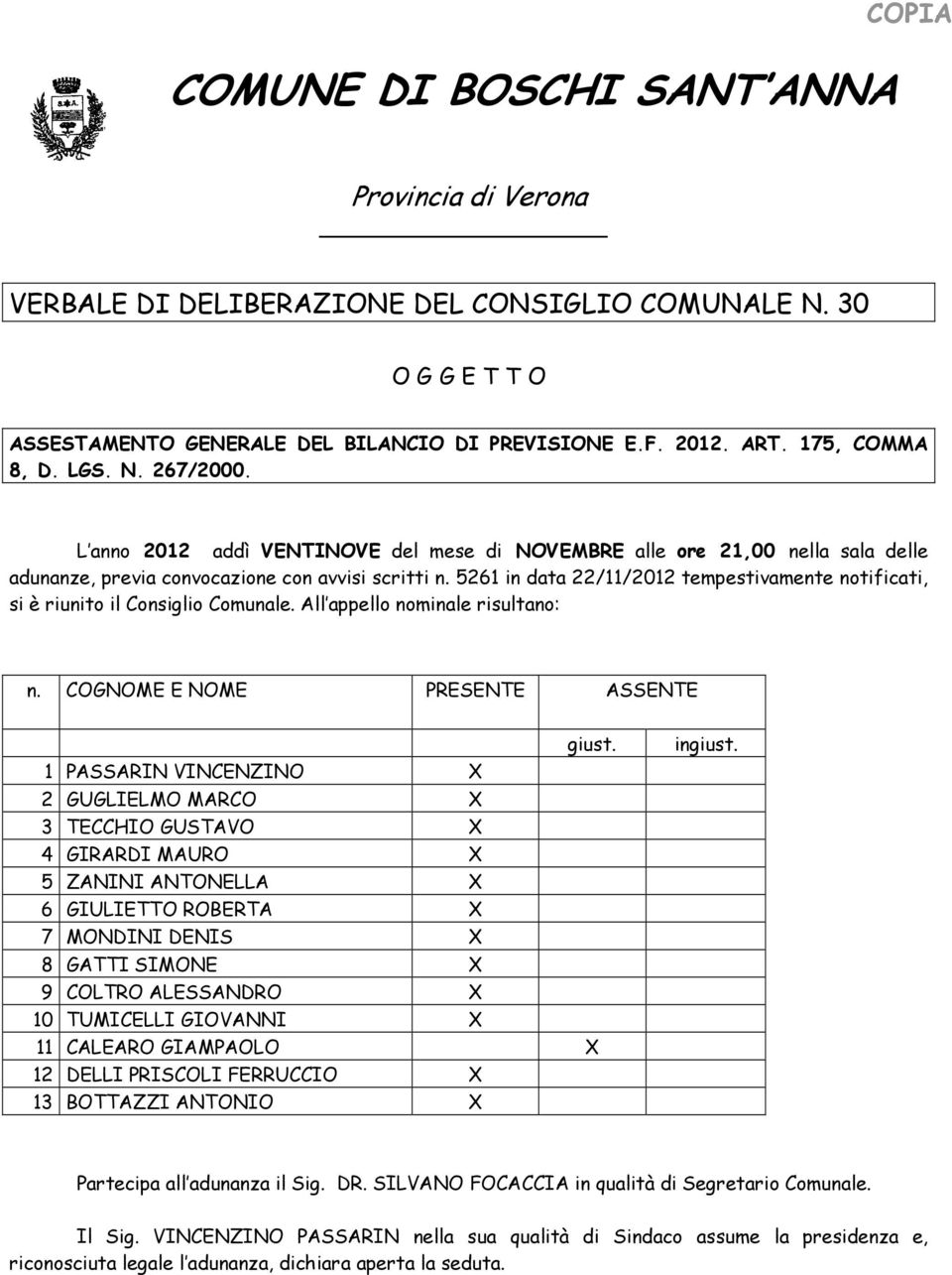 5261 in data 22/11/2012 tempestivamente notificati, si è riunito il Consiglio Comunale. All appello nominale risultano: n.