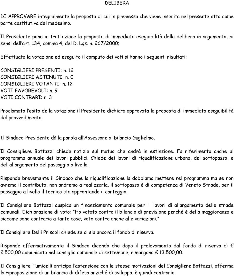 267/2000; Effettuata la votazione ed eseguito il computo dei voti si hanno i seguenti risultati: CONSIGLIERI PRESENTI: n. 12 CONSIGLIERI ASTENUTI: n. 0 CONSIGLIERI VOTANTI: n. 12 VOTI FAVOREVOLI: n.