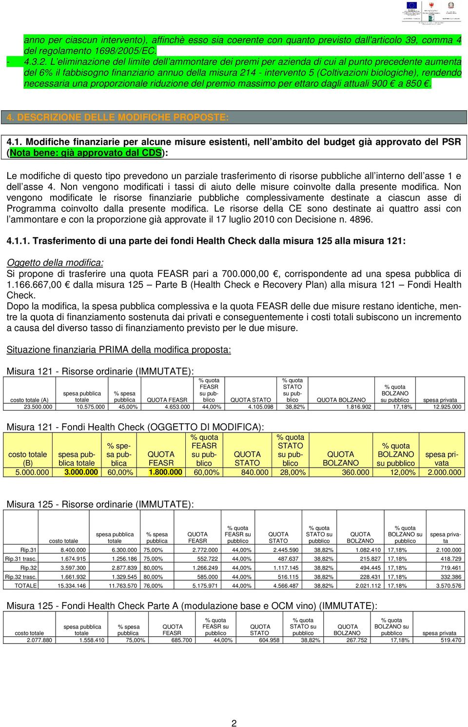 L eliminazione del limite dell ammontare dei premi per azienda di cui al punto precedente aumenta del 6 il fabbisogno finanziario annuo della misura 214 - intervento 5 (Coltivazioni biologiche),