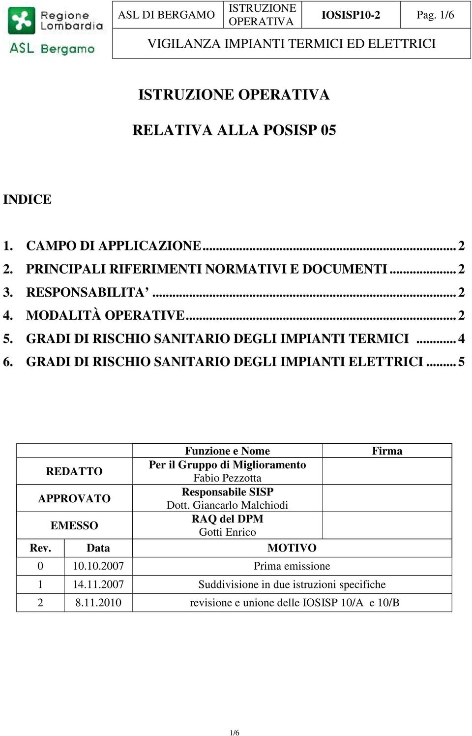 .. 5 Funzione e Nome REDATTO Per il Gruppo di Miglioramento Fabio Pezzotta APPROVATO Responsabile SISP Dott.