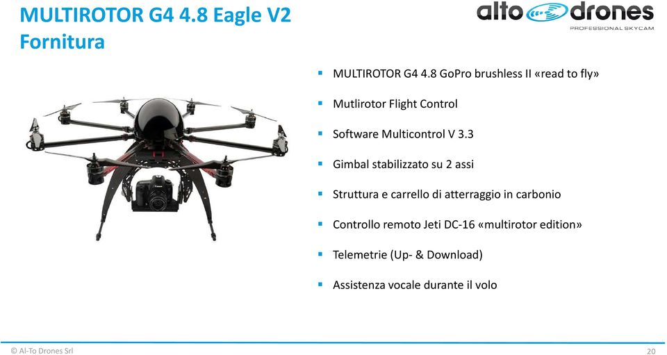 3 Gimbal stabilizzato su 2 assi Struttura e carrello di atterraggio in carbonio