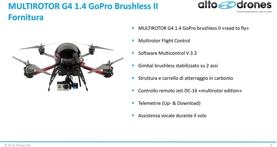 3 Gimbal brushless stabilizzato su 2 assi Struttura e carrello di atterraggio in carbonio