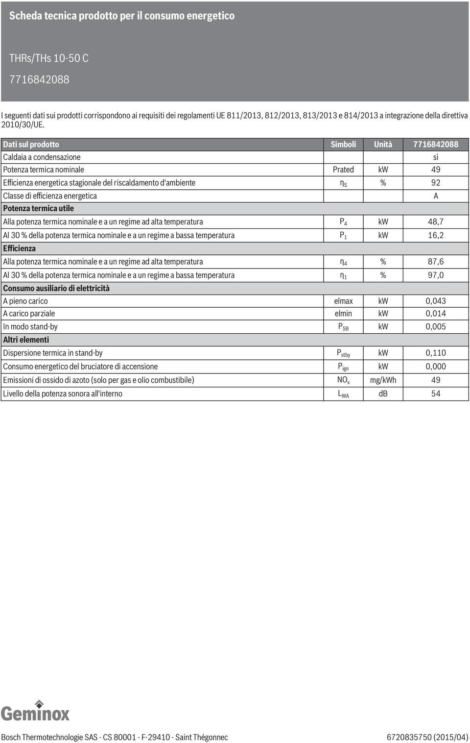 % 92 Classe di efficienza energetica Potenza termica utile Alla potenza termica nominale e a un regime ad alta temperatura P 4 kw 48,7 Al 30 % della potenza termica nominale e a un regime a bassa