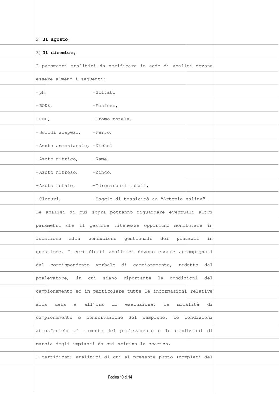 Le analisi di cui sopra potranno riguardare eventuali altri parametri che il gestore ritenesse opportuno monitorare in relazione alla conduzione gestionale dei piazzali in questione.