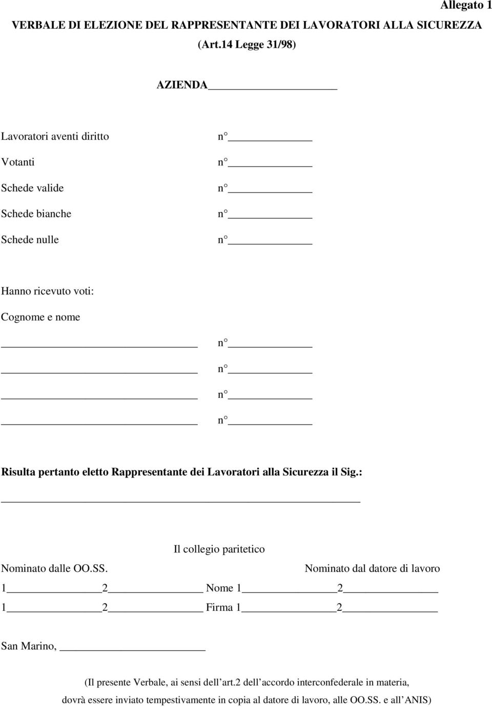 pertanto eletto Rappresentante dei Lavoratori alla Sicurezza il Sig.: Il collegio paritetico Nominato dalle OO.SS.