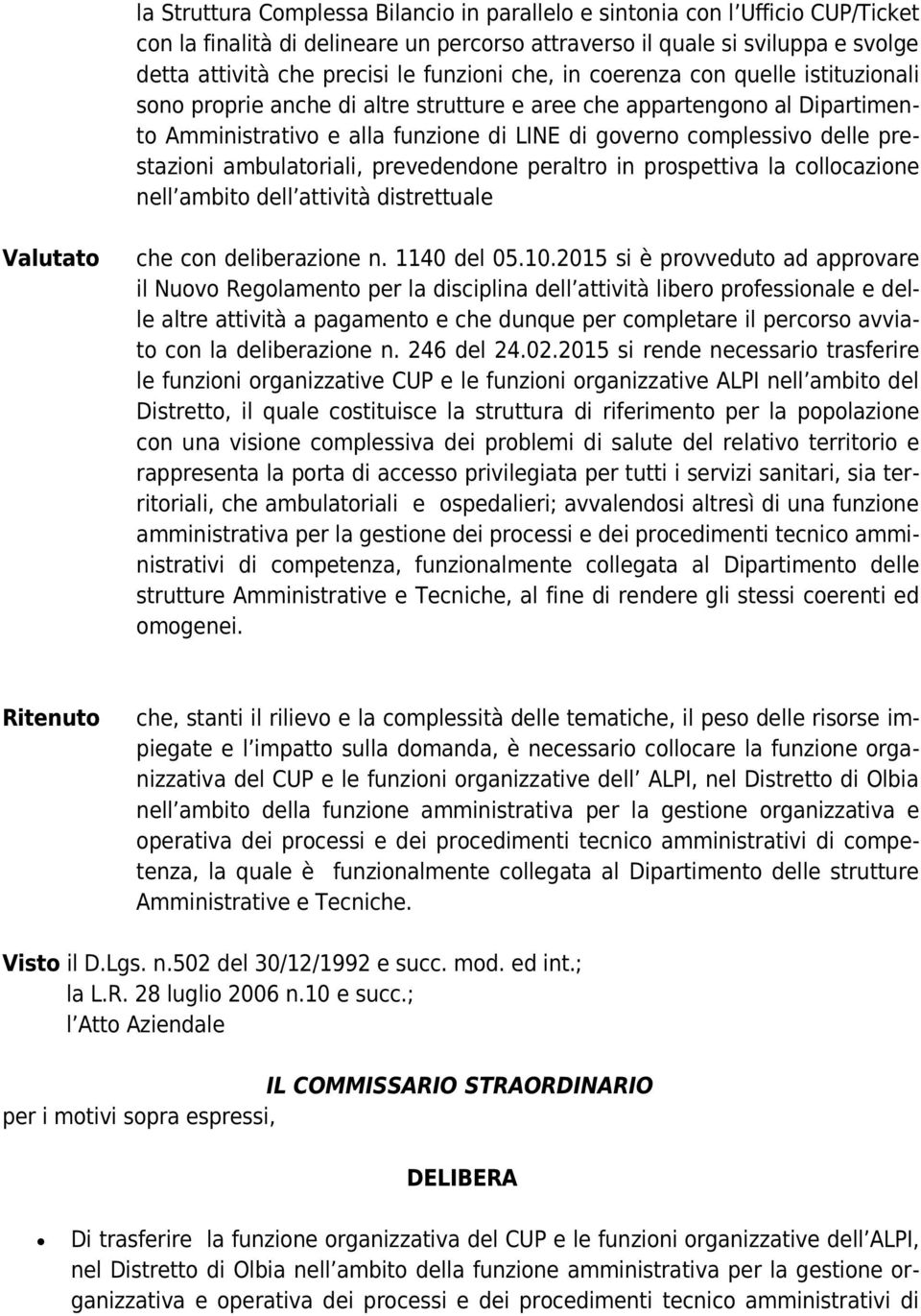 prestazioni ambulatoriali, prevedendone peraltro in prospettiva la collocazione nell ambito dell attività distrettuale Valutato che con deliberazione n. 1140 del 05.10.