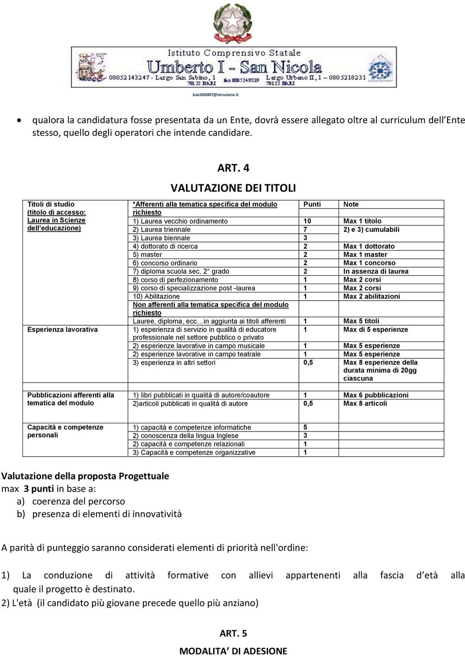 4 VALUTAZIONE DEI TITOLI *Afferenti alla tematica specifica del modulo Punti Note richiesto 1) Laurea vecchio ordinamento 10 Max 1 titolo 2) Laurea triennale 7 2) e 3) cumulabili 3) Laurea biennale 3