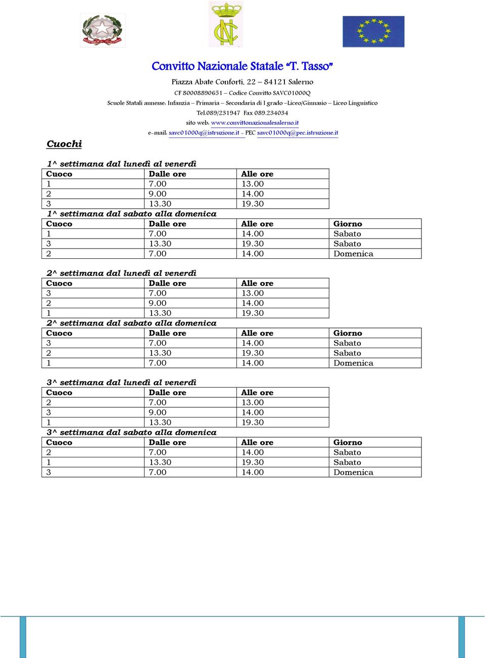 00 13.00 2 9.00 14.00 1 13.30 19.30 2^ settimana dal sabato alla domenica Cuoco Dalle ore Alle ore Giorno 3 7.00 14.00 Sabato 2 13.30 19.30 Sabato 1 7.00 14.00 Domenica 3^ settimana dal lunedì al venerdì Cuoco Dalle ore Alle ore 2 7.