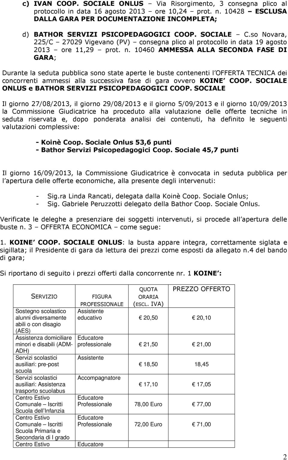 so Novara, 225/C 27029 Vigevano (PV) consegna plico al protocollo in data 19 agosto 2013 ore 11,29 prot. n.