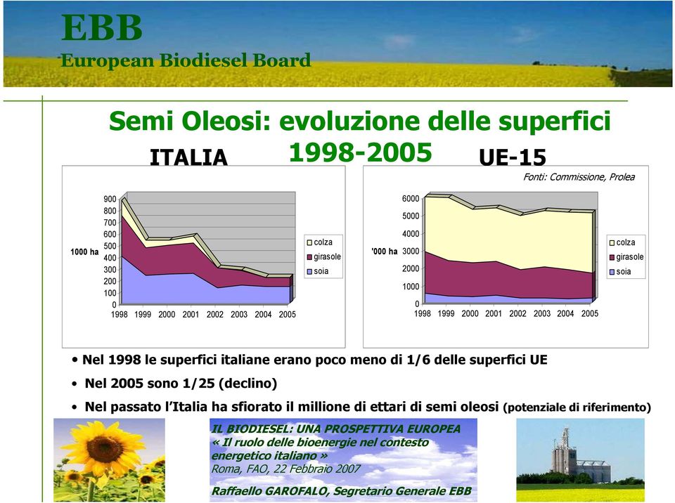 2000 2001 2002 2003 2004 2005 colza girasole soia Nel 1998 le superfici italiane erano poco meno di 1/6 delle superfici UE