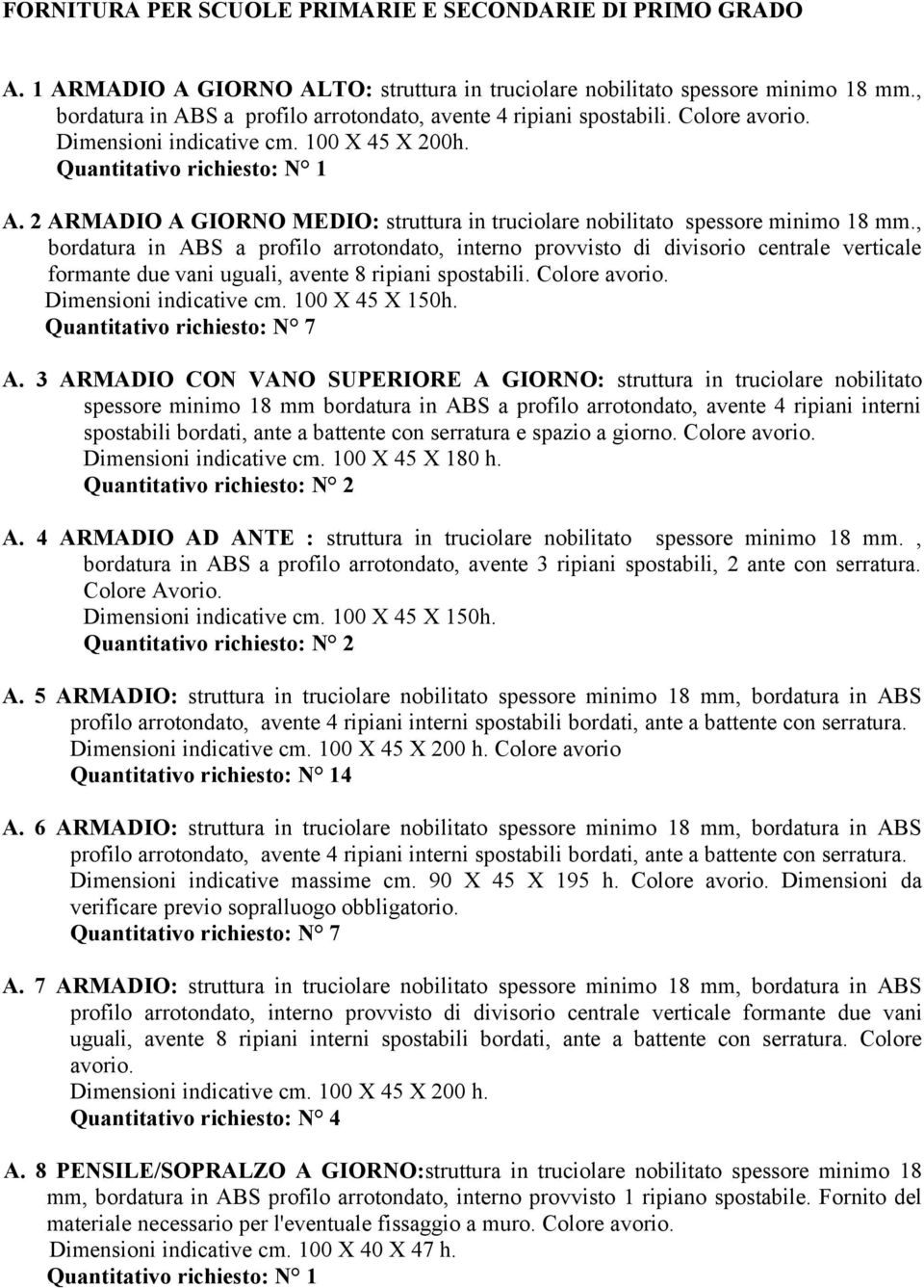 , bordatura in ABS a profilo arrotondato, interno provvisto di divisorio centrale verticale formante due vani uguali, avente 8 ripiani spostabili. Colore avorio. Dimensioni indicative cm.