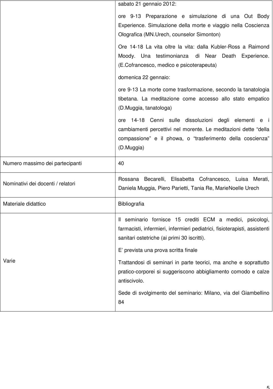 Cofrancesco, medico e psicoterapeuta) domenica 22 gennaio: ore 9-13 La morte come trasformazione, secondo la tanatologia tibetana. La meditazione come accesso allo stato empatico (D.