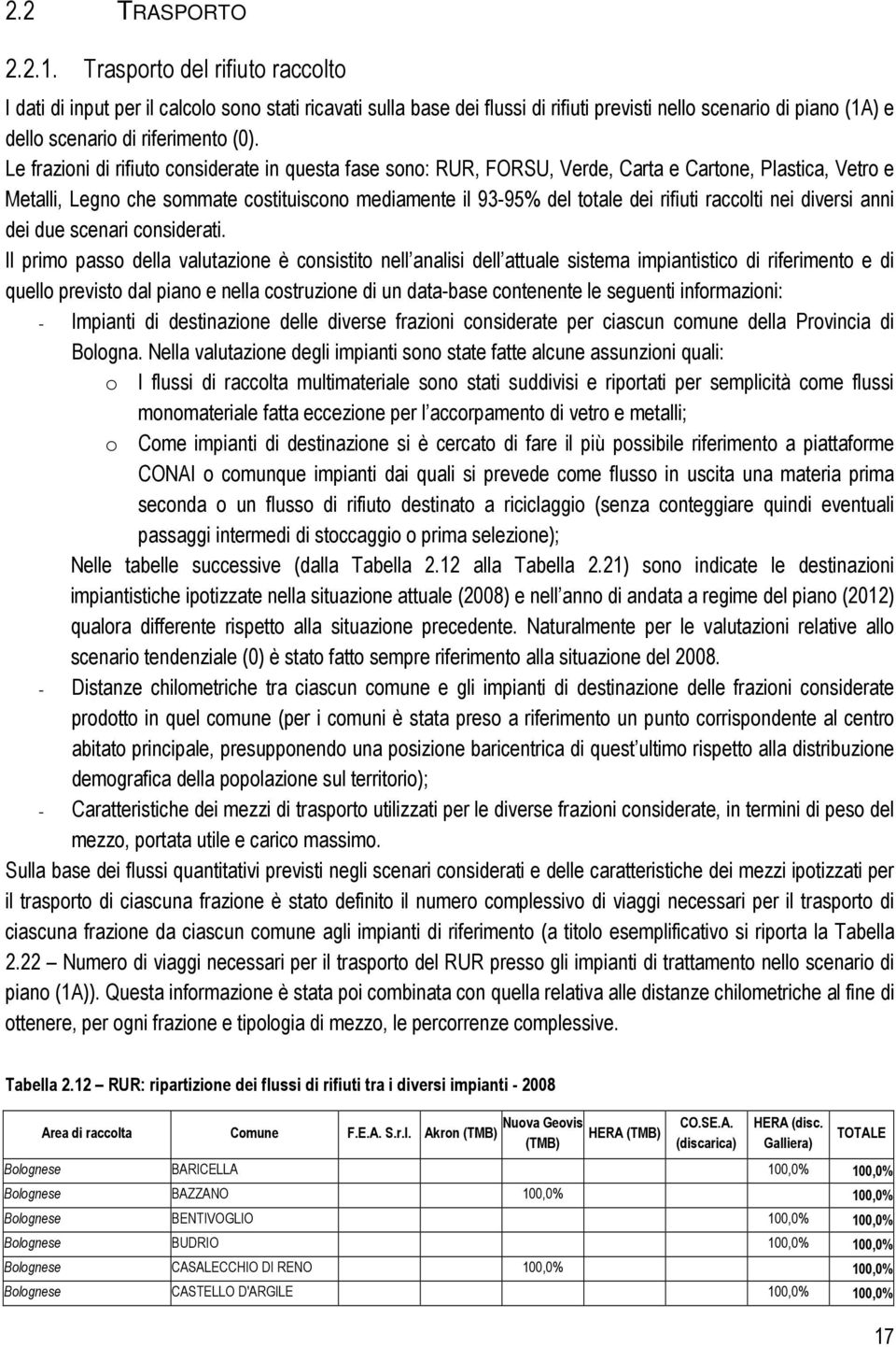 Le frazioni di rifiuto considerate in questa fase sono: RUR, FORSU, Verde, Carta e Cartone, Plastica, Vetro e Metalli, Legno che sommate costituiscono mediamente il 93-95% del totale dei rifiuti