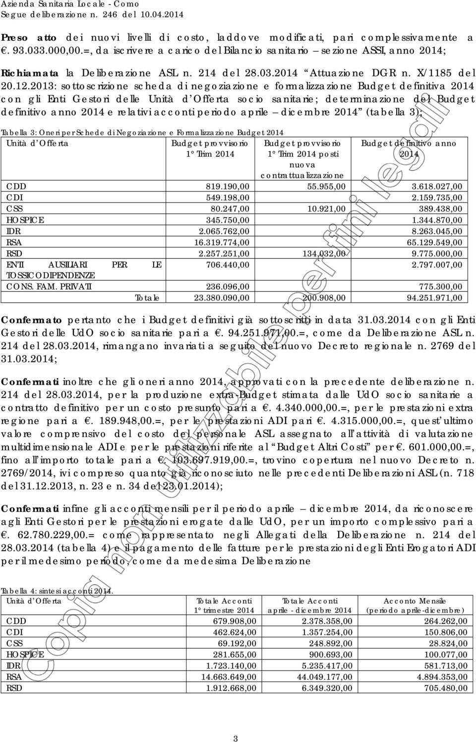 2013: sottoscrizion schda di ngoziazion formalizzazion dfinitiva con gli Enti Gstori dll Unità d Offrta socio sanitari; dtrminazion dl dfinitivo anno rlativi acconti priodo april dicmbr (tablla 3);