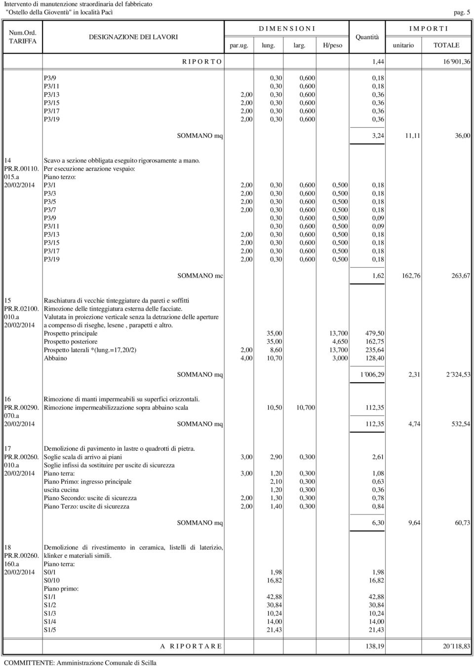 11,11 36,00 14 Scavo a sezione obbligata eseguito rigorosamente a mano. PR.R.00110. Per esecuzione aerazione vespaio: 015.