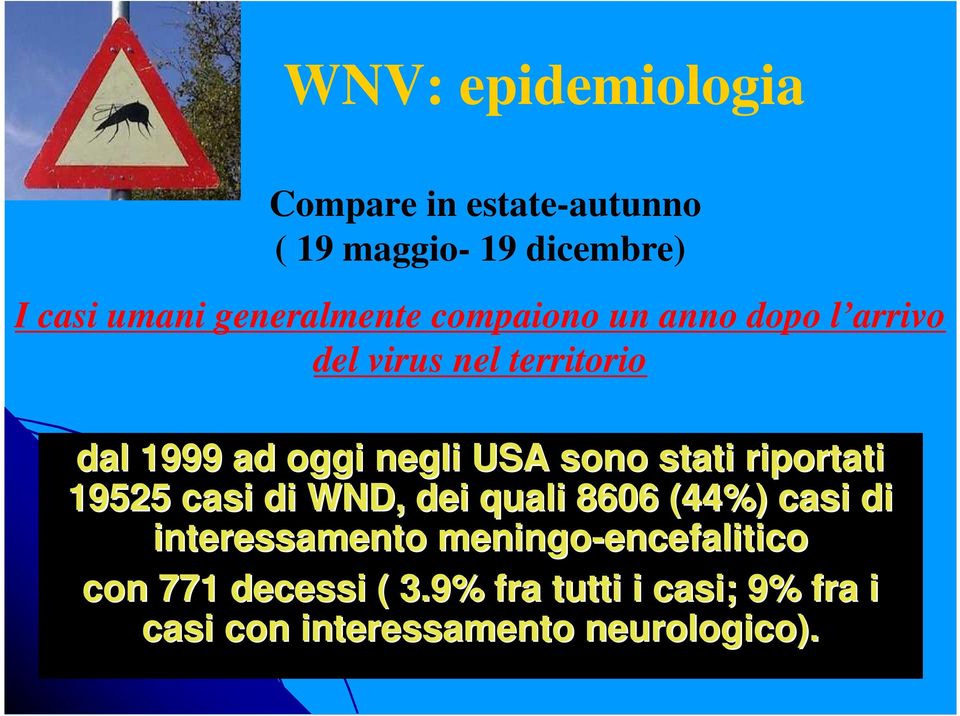 riportati 19525 casi di WND, dei quali 8606 (44%) casi di interessamento meningo-encefalitico