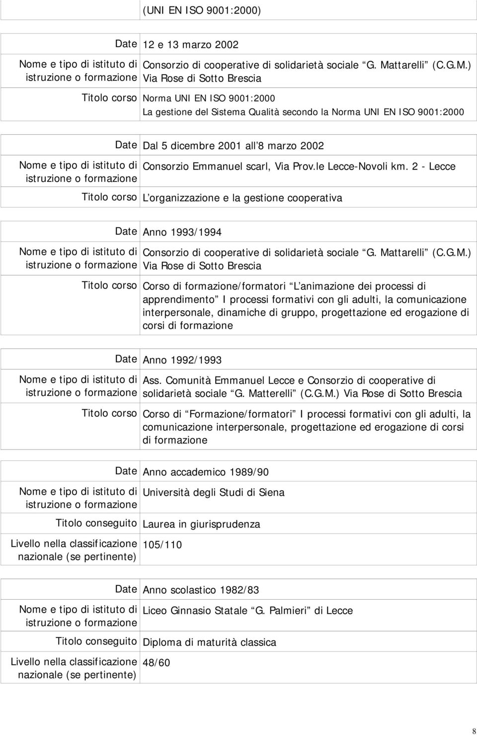 ) Via Rose di Sotto Brescia Titolo corso Norma UNI EN ISO 9001:2000 La gestione del Sistema Qualità secondo la Norma UNI EN ISO 9001:2000 Date Dal 5 dicembre 2001 all 8 marzo 2002 Consorzio Emmanuel