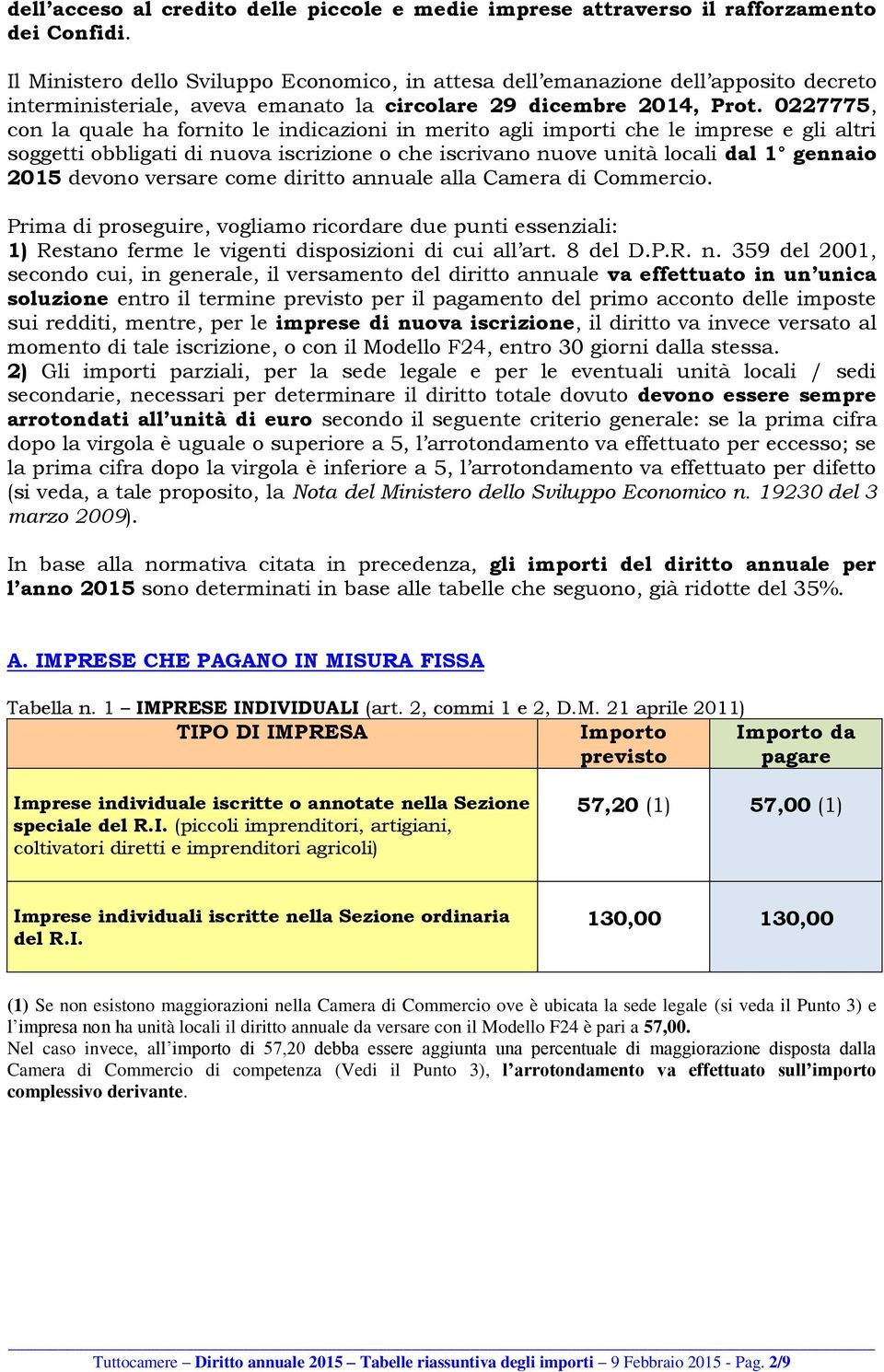 0227775, con la quale ha fornito le indicazioni in merito agli importi che le imprese e gli altri soggetti obbligati di nuova iscrizione o che iscrivano nuove unità locali dal 1 gennaio 2015 devono