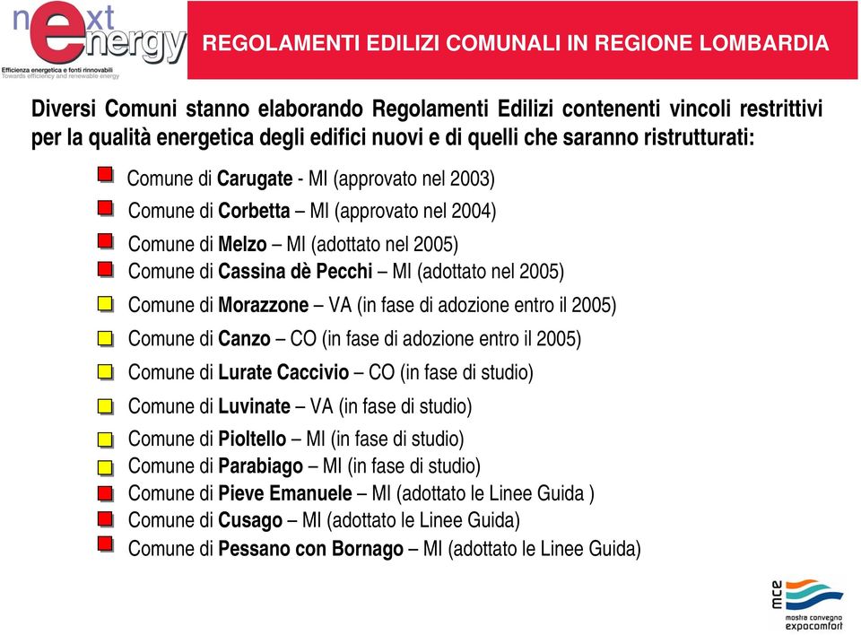 2005) Comune di Morazzone VA (in fase di adozione entro il 2005) Comune di Canzo CO (in fase di adozione entro il 2005) Comune di Lurate Caccivio CO (in fase di studio) Comune di Luvinate VA (in fase