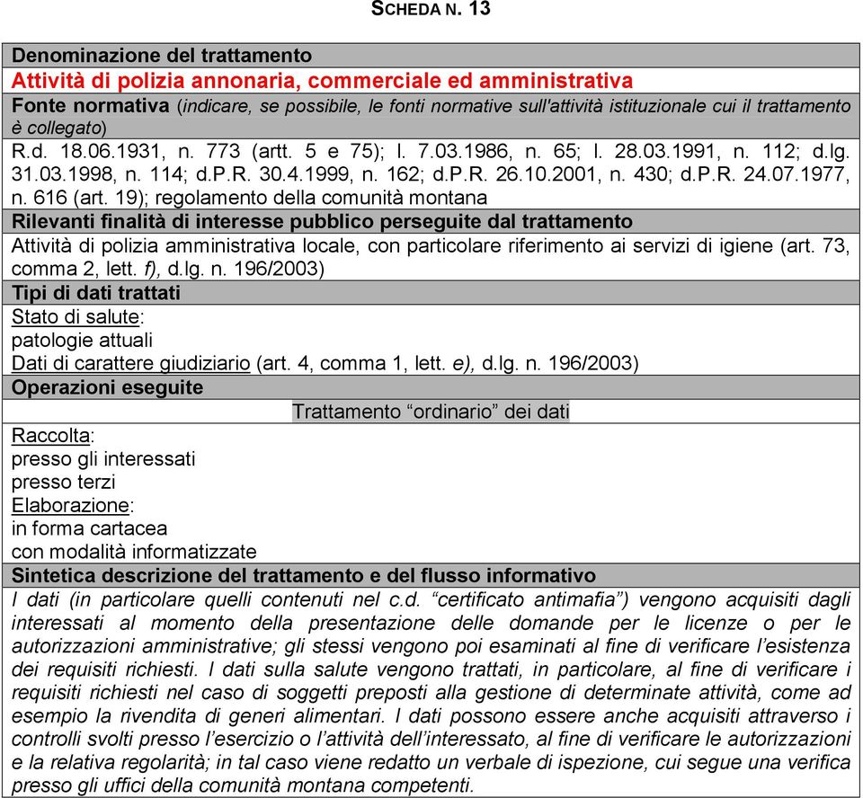 19); regolamento della comunità montana Attività di polizia amministrativa locale, con particolare riferimento ai servizi di igiene (art. 73, comma 2, lett. f), d.lg. n.