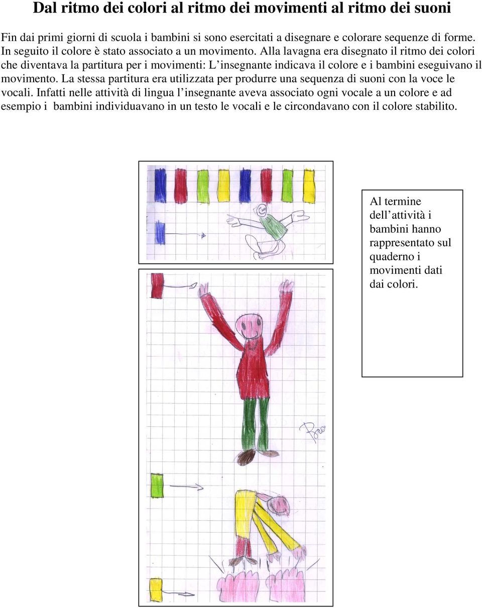 Alla lavagna era disegnato il ritmo dei colori che diventava la partitura per i movimenti: L insegnante indicava il colore e i bambini eseguivano il movimento.