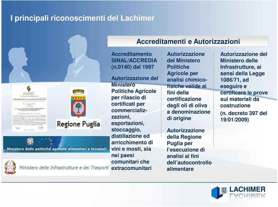 nei paesi comunitari che extracomunitari Autorizzazione del Ministero Politiche Agricole per analisi chimicofisiche valide ai fini della certificazione degli oli di oliva a denominazione di