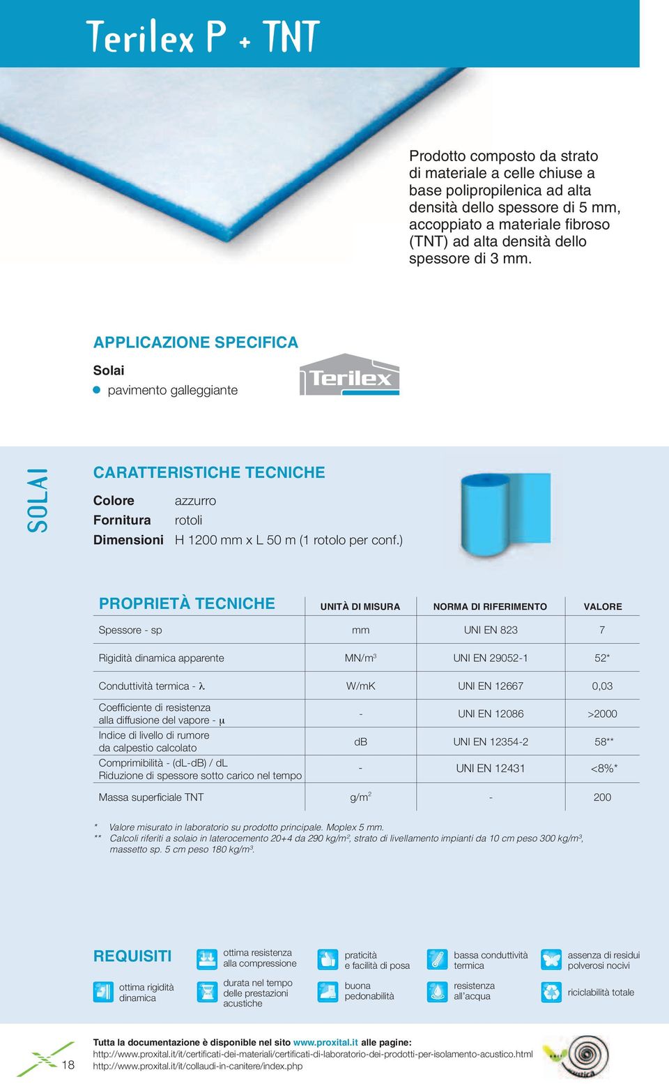 ) PROPRIETÀ TECNICHE UNITÀ DI MISURA NORMA DI RIFERIMENTO VALORE Spessore - sp mm UNI EN 823 7 Rigidità dinamica apparente MN/m 3 UNI EN 29052-1 52* Conduttività termica - W/mK UNI EN 12667 0,03