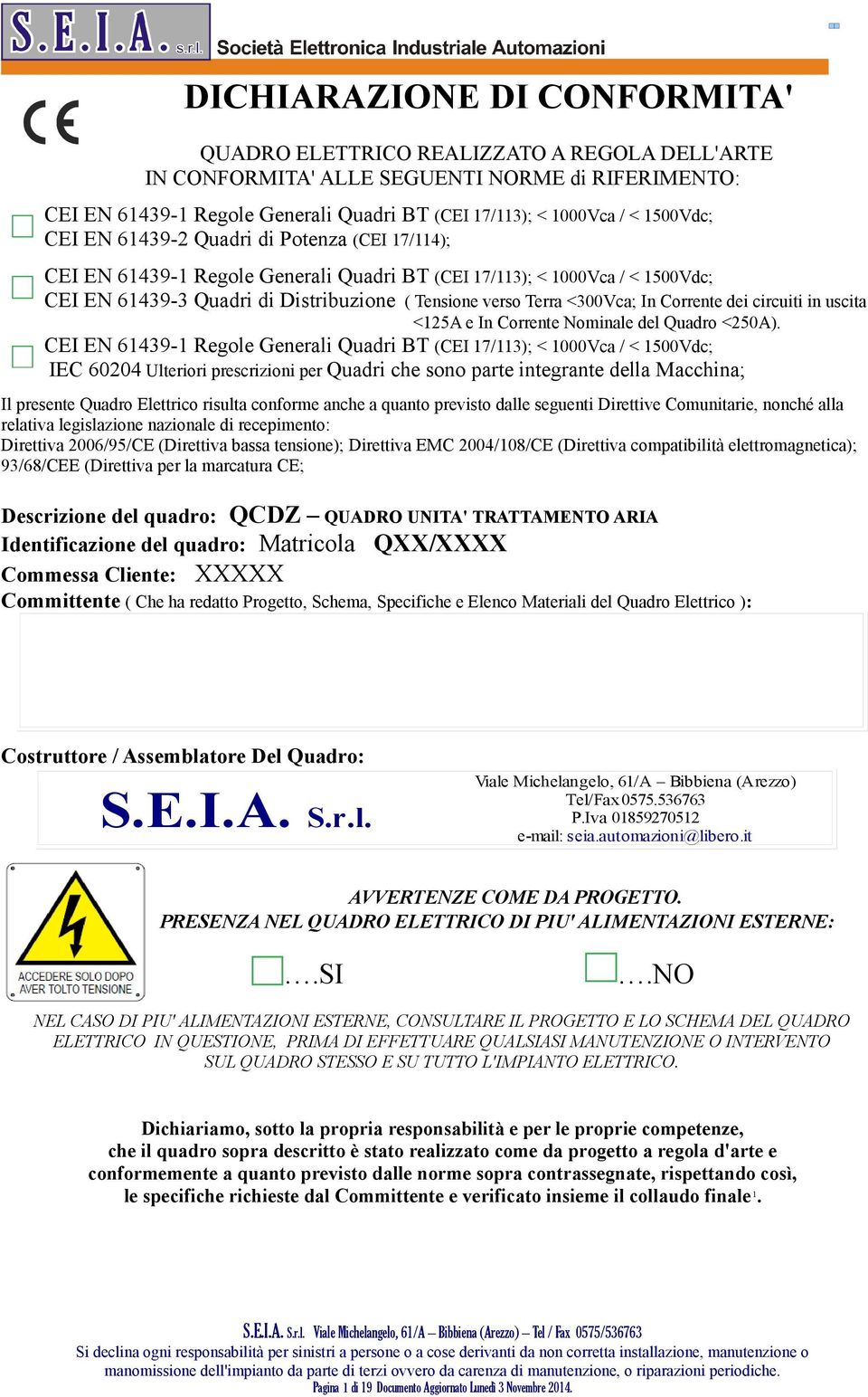 <300Vca; In Corrente dei circuiti in uscita <125A e In Corrente Nominale del Quadro <250A).