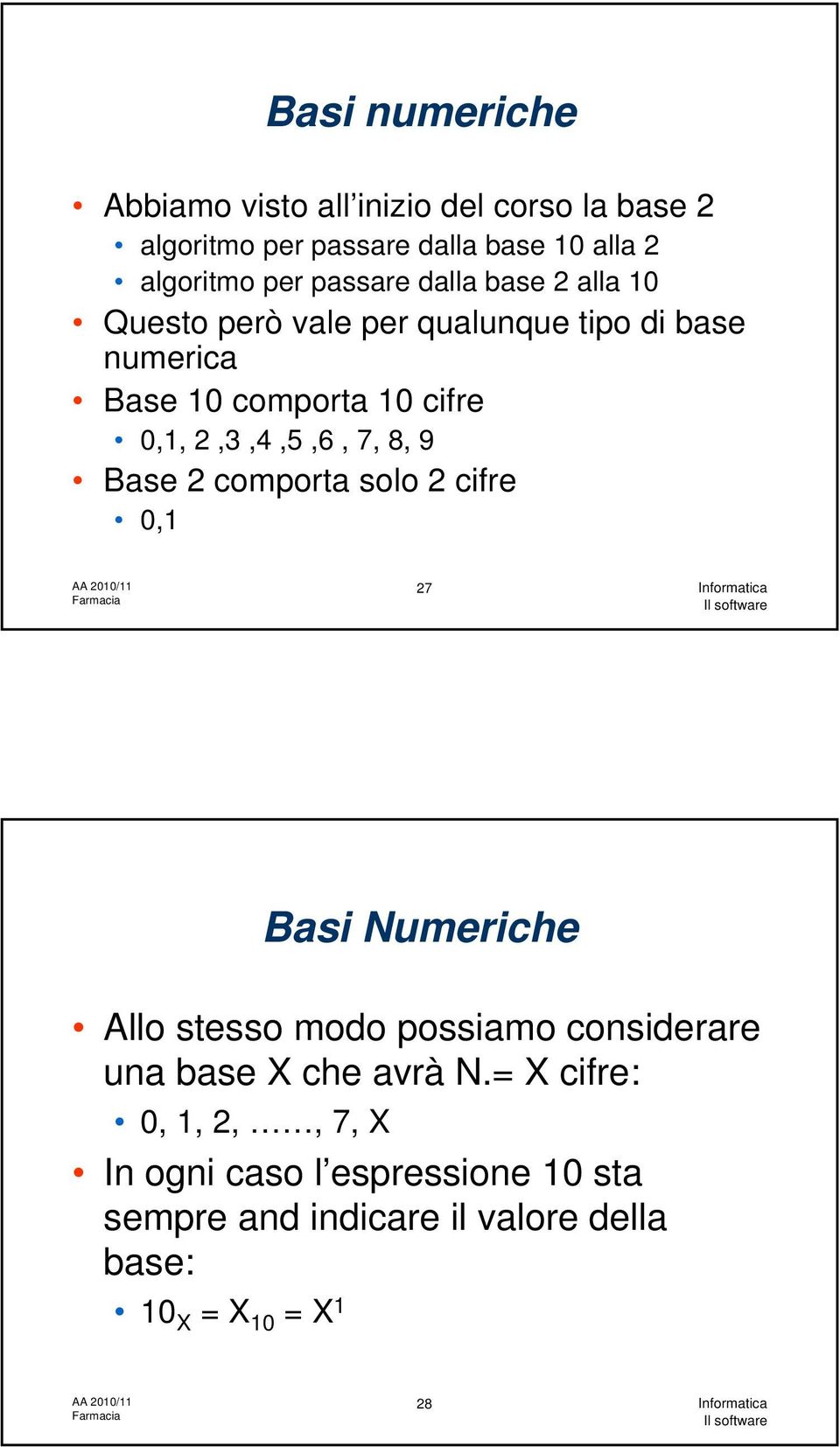 2,3,4,5,6, 7, 8, 9 Base 2 comporta solo 2 cifre 0,1 27 Basi Numeriche Allo stesso modo possiamo considerare una base X