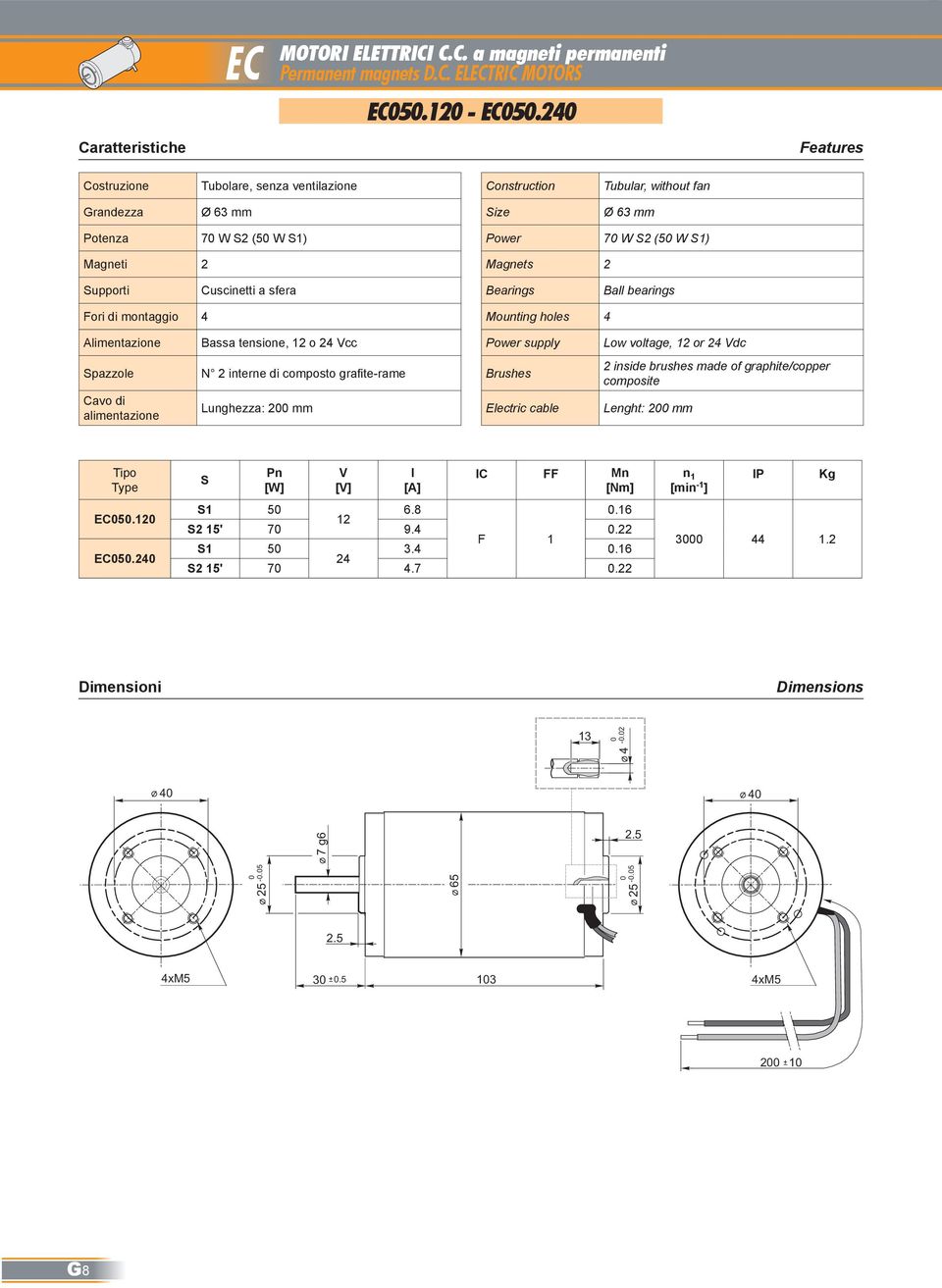 a sfera Bearings Ball bearings Fori di montaggio Mounting holes Alimentazione Bassa tensione, o Vcc Power supply Low voltage, or Vdc pazzole Cavo di alimentazione N interne di