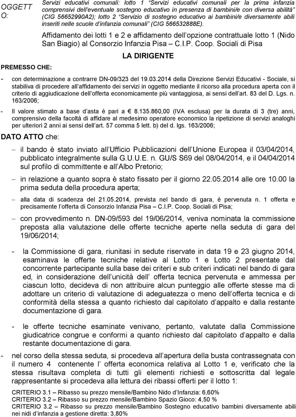 Affidamento dei lotti 1 e 2 e affidamento dell opzione contrattuale lotto 1 (Nido San Biagio) al Consorzio Infanzia Pisa C.I.P. Coop.