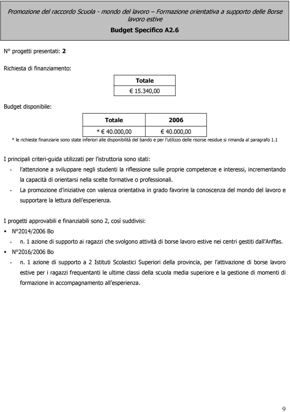 1 I principali criteri-guida utilizzati per l istruttoria sono stati: - l attenzione a sviluppare negli studenti la riflessione sulle proprie competenze e interessi, incrementando la capacità di