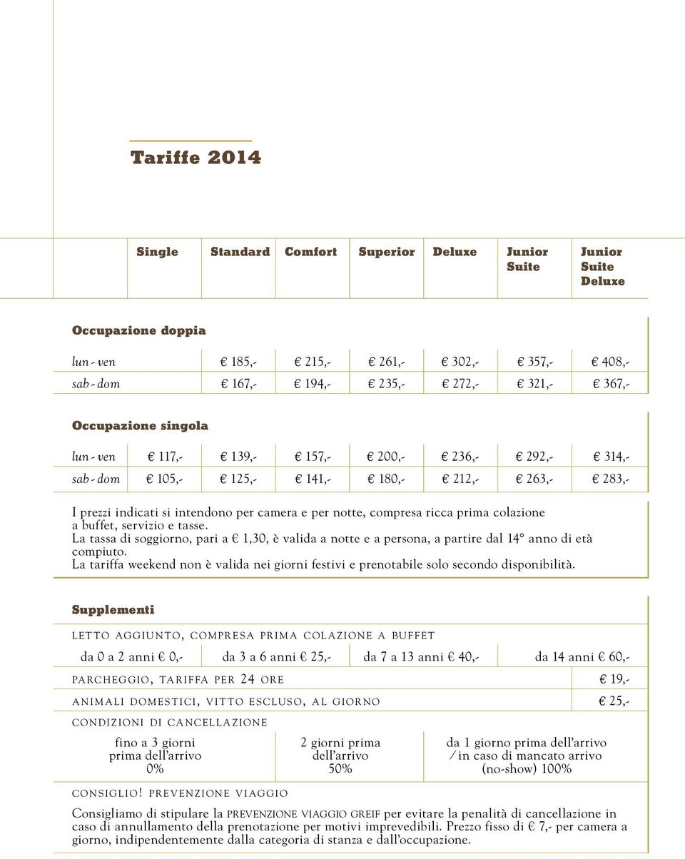 colazione a buffet, servizio e tasse. La tassa di soggiorno, pari a 1,30, è valida a notte e a persona, a partire dal 14 anno di età compiuto.