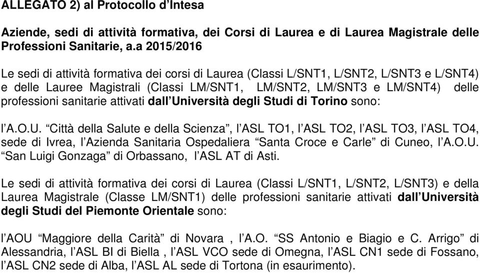 sanitarie attivati dall Università degli Studi di Torino sono: l A.O.U. Città della Salute e della Scienza, l ASL TO1, l ASL TO2, l ASL TO3, l ASL TO4, sede di Ivrea, l Azienda Sanitaria Ospedaliera Santa Croce e Carle di Cuneo, l A.
