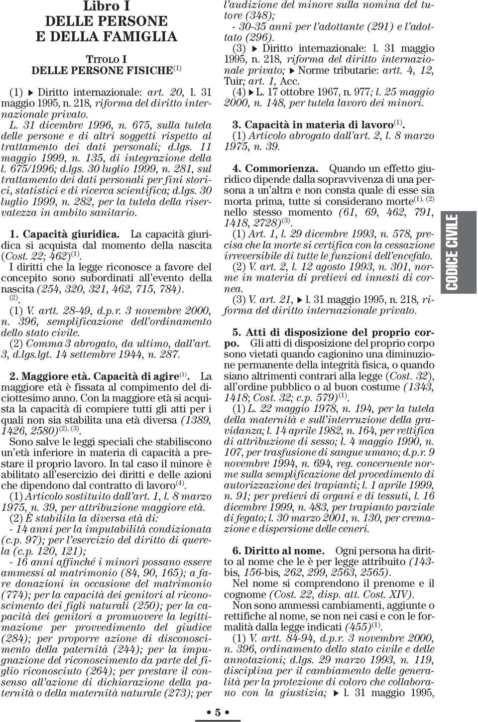 281, sul trattamento dei dati personali per fini storici, statistici e di ricerca scientifica; d.lgs. 30 luglio 1999, n. 282, per la tutela della riservatezza in ambito sanitario. 1. Capacità giuridica.