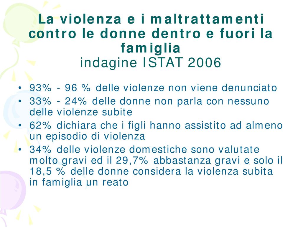 che i figli hanno assistito ad almeno un episodio di violenza 34% delle violenze domestiche sono valutate molto