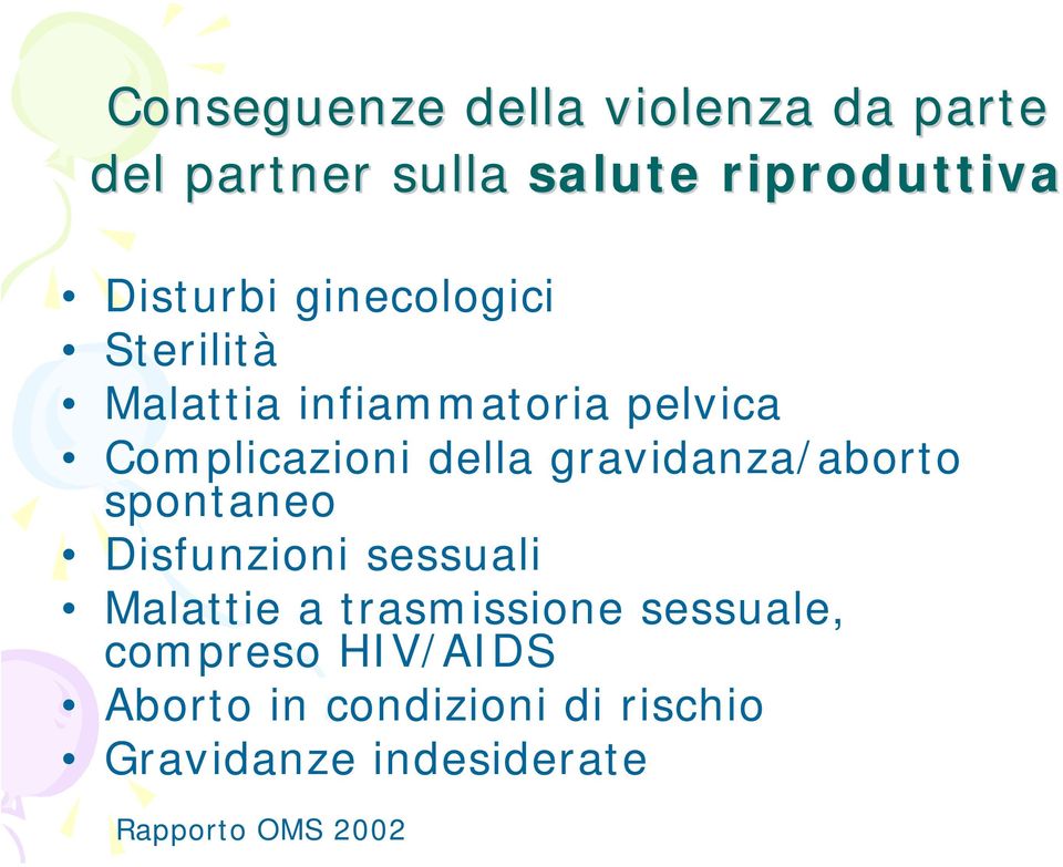 gravidanza/aborto spontaneo Disfunzioni sessuali Malattie a trasmissione sessuale,