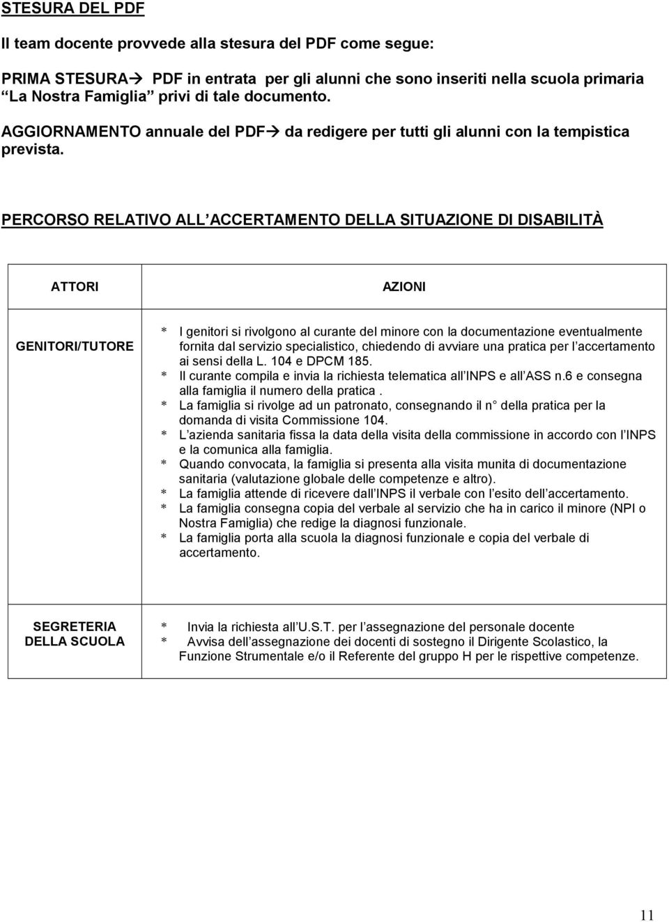 PERCORSO RELATIVO ALL ACCERTAMENTO DELLA SITUAZIONE DI DISABILITÀ ATTORI AZIONI GENITORI/TUTORE * I genitori si rivolgono al curante del minore con la documentazione eventualmente fornita dal