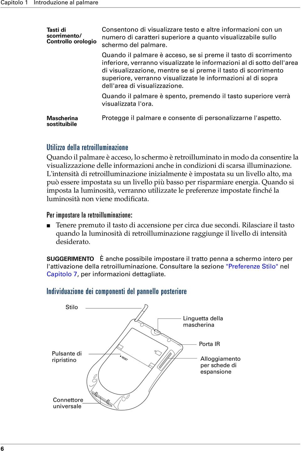 Quando il palmare è acceso, se si preme il tasto di scorrimento inferiore, verranno visualizzate le informazioni al di sotto dell'area di visualizzazione, mentre se si preme il tasto di scorrimento